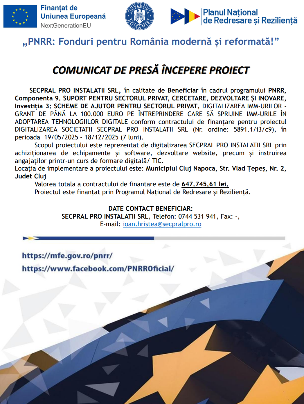 Comunicat de presă Secpral Pro Instalații